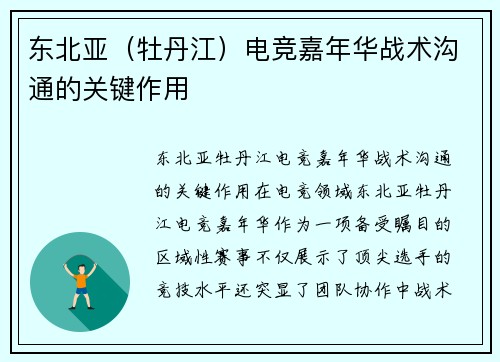 东北亚（牡丹江）电竞嘉年华战术沟通的关键作用