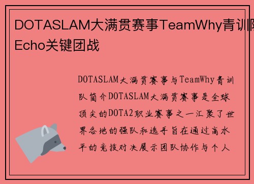 DOTASLAM大满贯赛事TeamWhy青训队员Echo关键团战