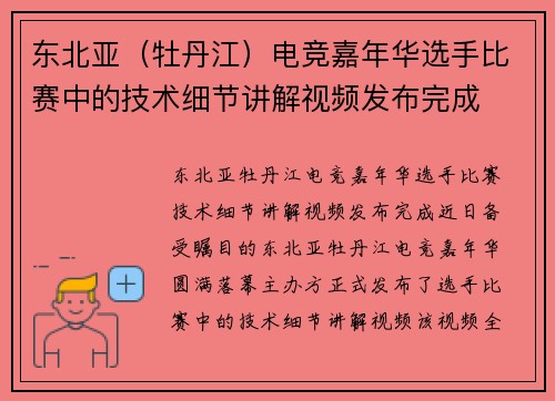 东北亚（牡丹江）电竞嘉年华选手比赛中的技术细节讲解视频发布完成